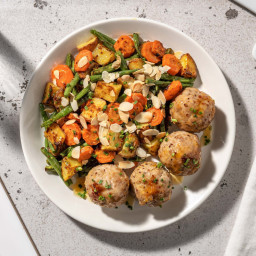 Smart Apricot-Glazed Chicken Meatballs with Mustard-Tossed Roasted Veggies