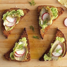 Smashed Avocado Toasts with Marinated Artichokes and Baby Red Radishes