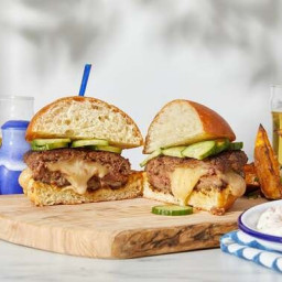 Smoked Gouda Juicy Lucy Burgers with Marinated Cucumbers & Creamy Musta