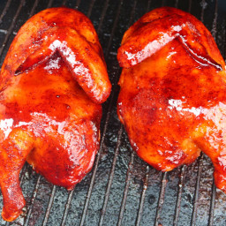 Smoked Half Chickens with a Spicy Peach BBQ Sauce