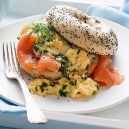 Smoked salmon bagels with herbed scrambled eggs