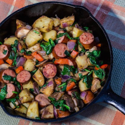 Smoked Turkey Sausage Skillet With Red Peppers and Spinach
