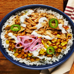 Smokehouse Pulled Chicken Bowls with Buttery Jalapeño Corn, Pickled Shallot