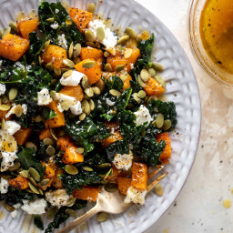 Smoky Butternut Kale Salad with Goat Cheese and Apricot Vinaigrette.