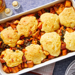 Smoky Chicken & Sweet Potato Bake with Cheesy Cornbread Biscuits