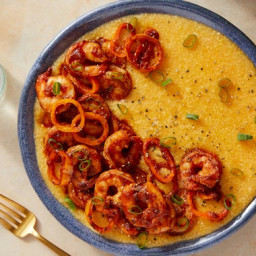 Smoky Shrimp & Sweet Peppers over Cheesy Cheddar Grits