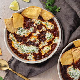 Smoky Two Bean Chili with Tortilla Chips & Cilantro Ranch Drizzle