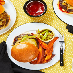 Smothered Pepper Jack Burgers with Spicy Ketchup and BBQ Sweet Potato Fries