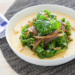 Smothered Two-Cheese Grits with Caramelized Onions & Garlic Kale