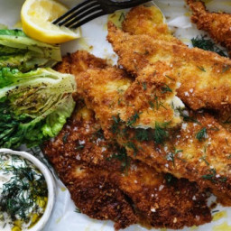 Snapper schnitzel recipe with charred lettuce and easy dill tartare sauce