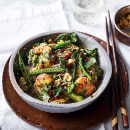 Soba noodle and prawn salad with coriander and peanut pesto