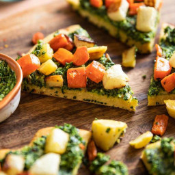 Socca Pizza with Kale Pesto & Roasted Root Vegetables 