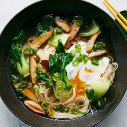 Somen Noodles With Poached Egg, Bok Choy and Mushrooms