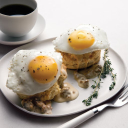 Southern Fried Eggs Over Buttermilk Biscuits with Sausage Gravy