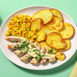 Southern Pork Chops with White BBQ Sauce, Buttery Corn and Crispy Potatoes