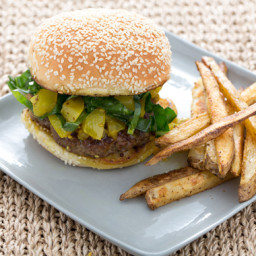 Southern-Style Burgers with Green Tomato Chow Chow & Old Bay Oven Fries