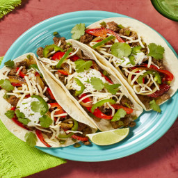 Southwestern Beef Tacos with Bell Pepper, Lime Crema, and Pepper Jack Chees