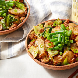 Soy-Glazed Pork & Rice Cakes with Bok Choy & Marinated Green Beans