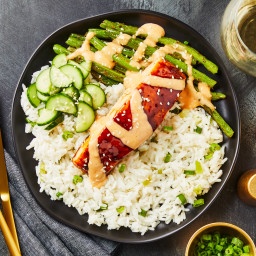 Soy-Glazed Salmon with Rice plus Chili-Roasted Green Beans, Pickled Cukes &