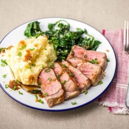 Soy-Glazed Steak with Wasabi Mashed Potatoes and Sesame Spinach