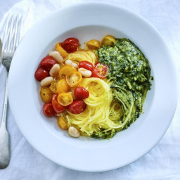 Spaghetti Squash with Roasted Tomatoes, Beans and Almond Pesto