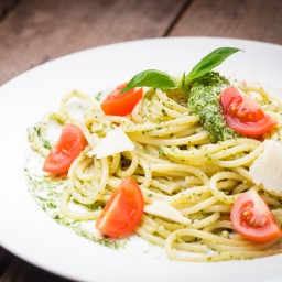 Spaghetti with Basil, Toasted Almond Pesto, and Cherry Tomatoes
