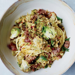 Spaghetti with Brussels Sprouts and Sausage Breadcrumb Topping