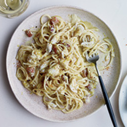 Spaghetti with Corn Carbonara and Crab