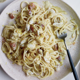 Spaghetti with Corn Carbonara and Crab
