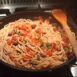 Spaghetti with Tomato  Bacon & Olive sauce