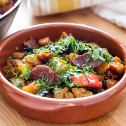 Spanish-Style Migas With Chorizo, Peppers, and Kale Recipe
