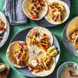 Speedy Steak Fajitas with Bell Peppers and Hot Sauce Crema