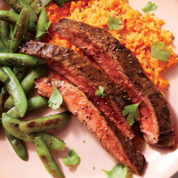 Spiced and Seared Flank Steak with Carrot Mash and Snap Peas