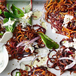 Spiced carrot and beetroot fritters with mint and apple yoghurt