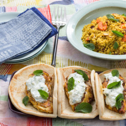 Spiced Chicken Pitas and Couscouswith Carrots, Dates and Cucumber-Yogurt Sa