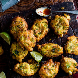 Spiced cod fritters with harissa honey dip
