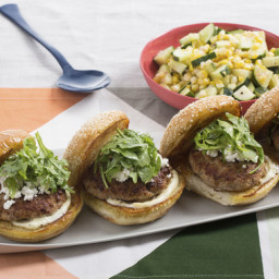 Spiced Pork Burgerswith Goat Cheese and Cucumber-Corn Salad