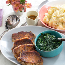Spiced Pork Chopswith Cheesy Mashed Potatoes and Garlic Spinach