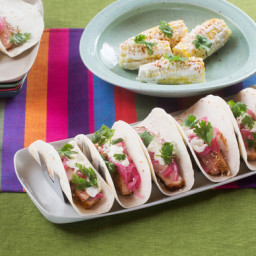 Spiced Pork Tacoswith Crema, Pickled Onion and Elote-Style Corn