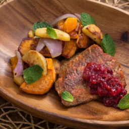 Spiced Salmon and Cranberry Chutney with Parsnip, Sweet Potato and Clementi