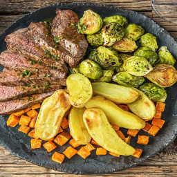 Spiced Skirt Steak with Balsamic Brussels Sprouts and Potatoes