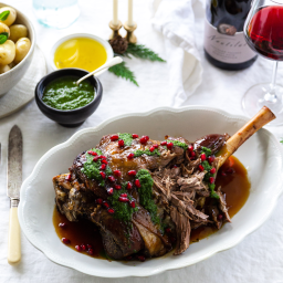Spiced Slow Roasted Lamb Leg with Fresh Herb Sauce and Pomegranate Seeds