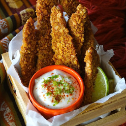Spiced Tortilla Baked Chicken Strips Recipe and Honey-Lime Crema