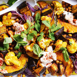 Spiced veggie and chickpea tray bake