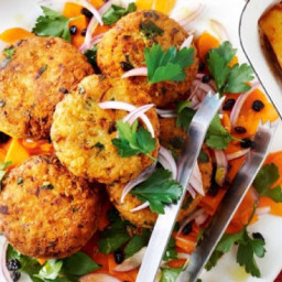 Spiced couscous and chickpea patties with carrot salad
