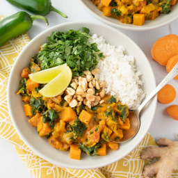 Spicy African Peanut Curry with Sweet Potato, Kale, Cilantro and Rice