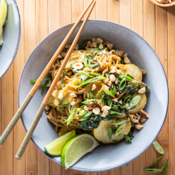 Spicy Almond Butter Noodles with Gai Lan & Yellow Squash