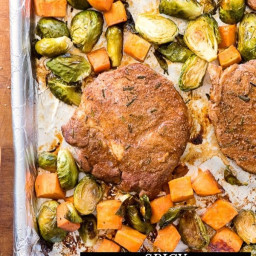 Spicy Baked Pork Chops with Brussels Sprouts and Sweet Potatoes 