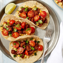 Spicy Beef Tacos with Cherry Tomato Salsa & Creamy Corn