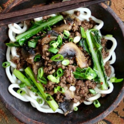 Spicy beef with udon noodles and Asian greens recipe